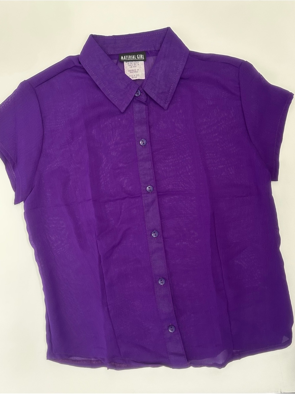 Material Girl Purple Sheer Button-Up Short Sleeve Blouse